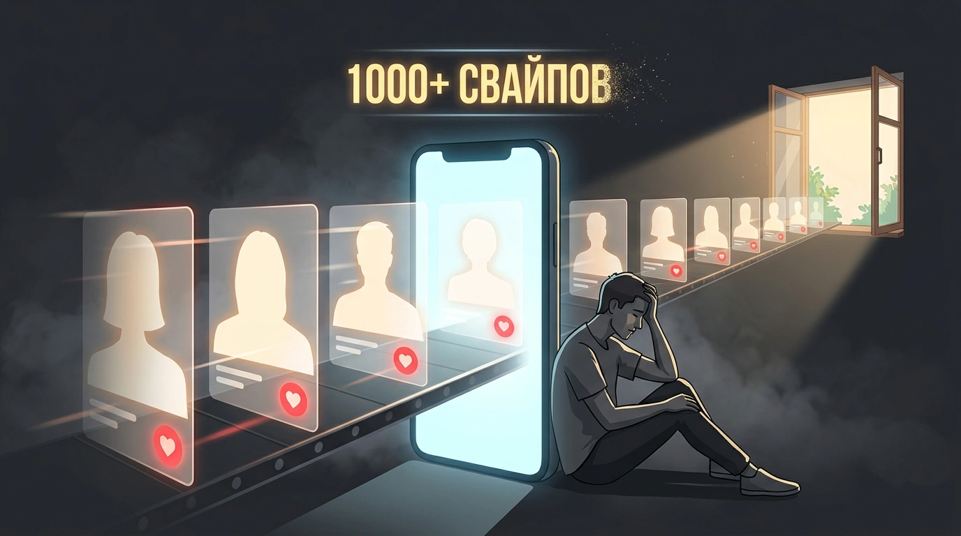 Концептуальная иллюстрация дейтинг-выгорания: бесконечный конвейер виртуальных анкет из светящегося экрана