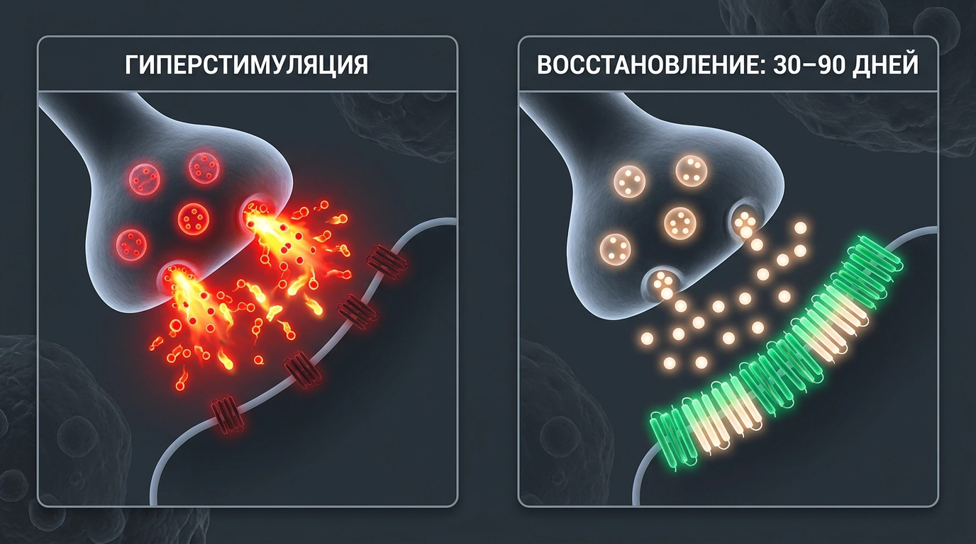 Сравнительная схема синапса: истощение D2-рецепторов при стимуляции и их восстановление