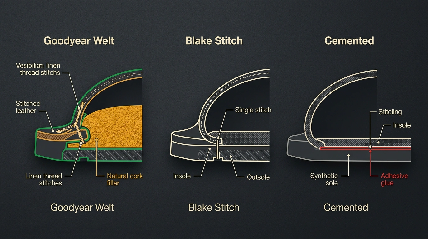 Детальная сравнительная схема трех обувных конструкций: Goodyear Welt, Blake Stitch и клеевого масс-маркета в разрезе.
