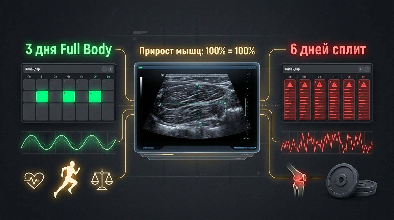 Концептуальная иллюстрация научного эксперимента: сравнительный анализ тренировок 3 дня Full Body и 6 дней сплита с ультразвуковым замером роста мышц.