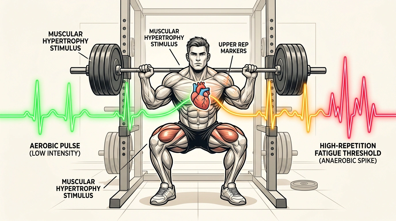 Атлетическая фигура со штангой и схематичный пульс кардиореспираторной выносливости