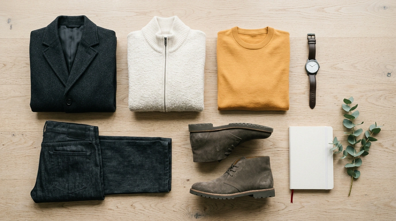 Раскладка предметов мужского осеннего капсульного гардероба из фактурной шерсти, денима и замши на светлом фоне.
