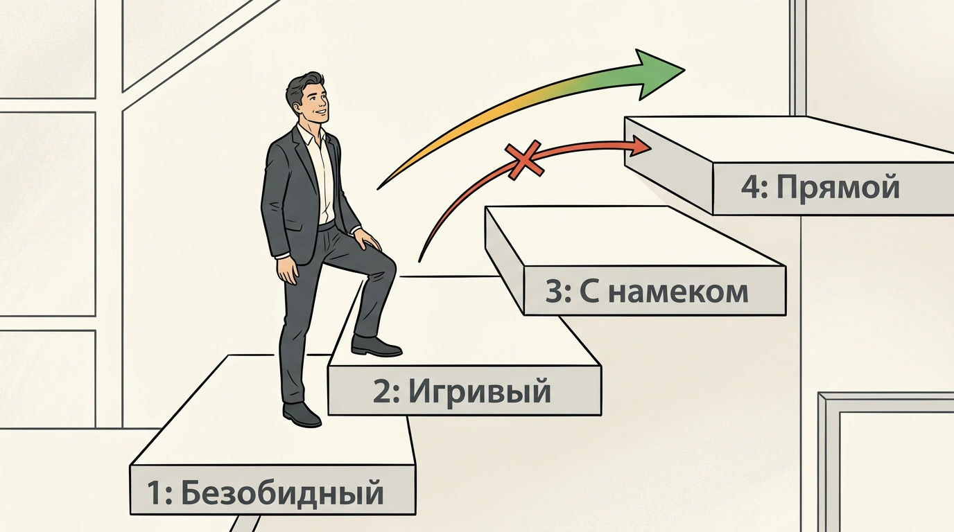 Четыре ступени лестницы эскалации флирта в графическом стиле с фигуркой уверенного молодого мужчины.