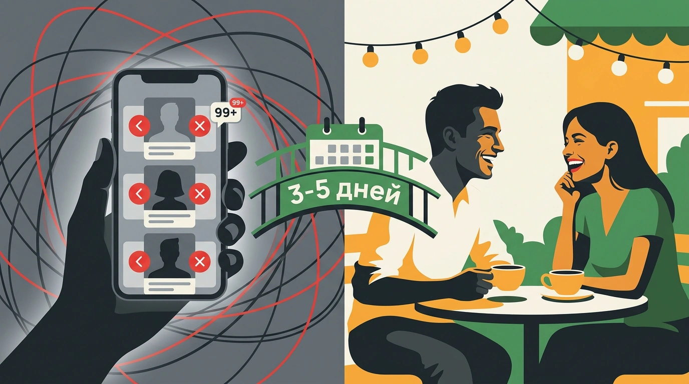 Двойная сцена со свайпами в смартфоне и живой встречей парня и девушки за чашкой кофе.