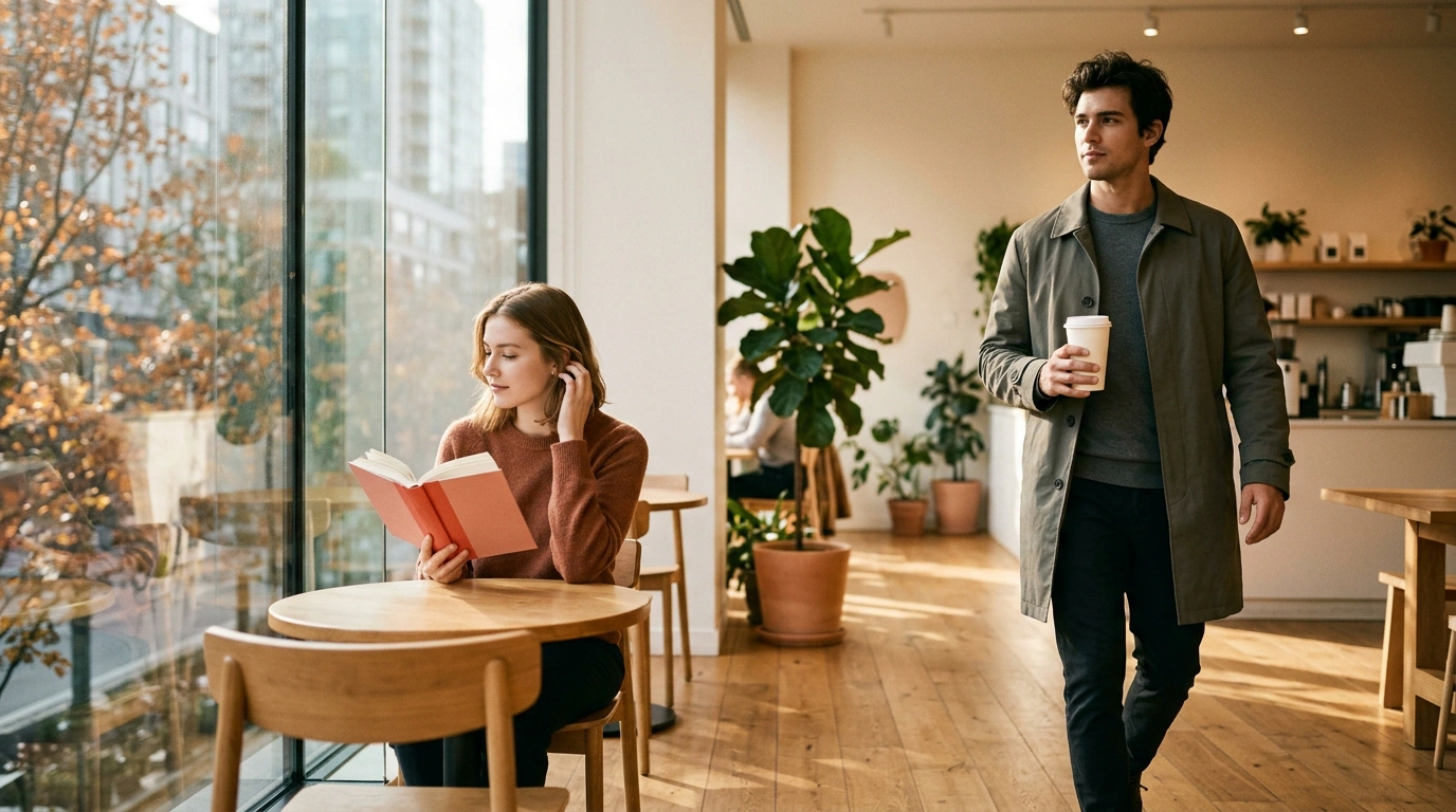 Молодой человек у витрины кофейни делает решительный шаг навстречу девушке за столиком у окна