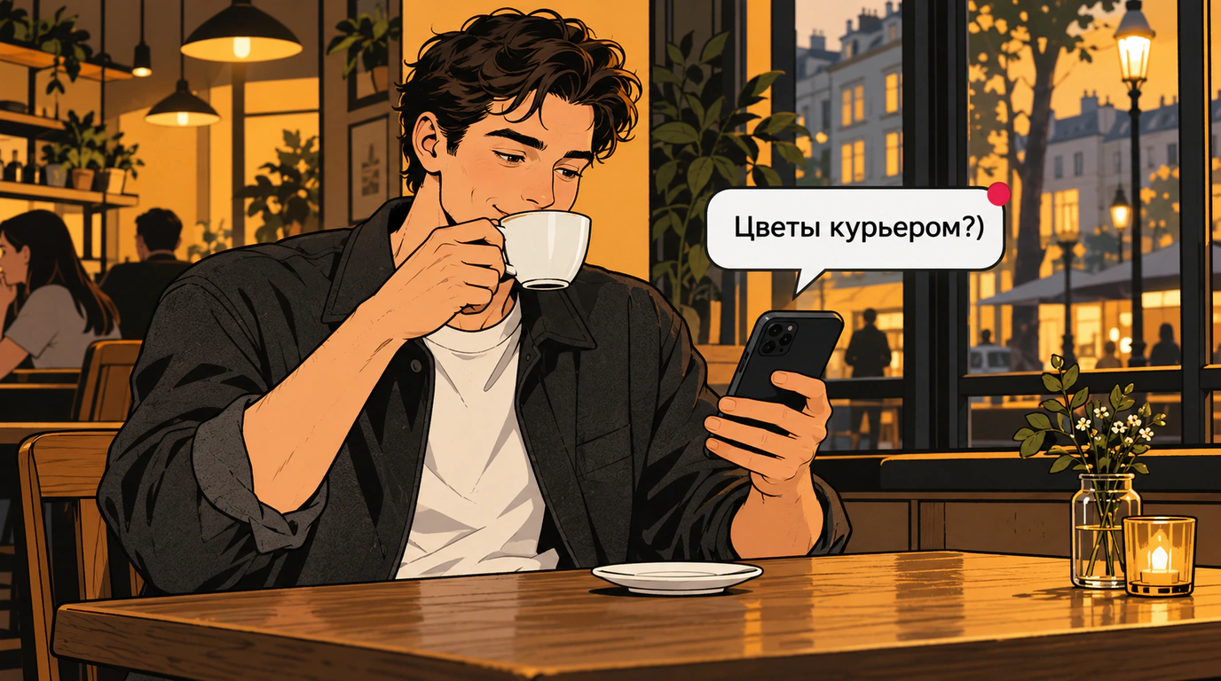 Графическая сцена европейского комикса о проверке личных границ парня в переписке на экране смартфона.