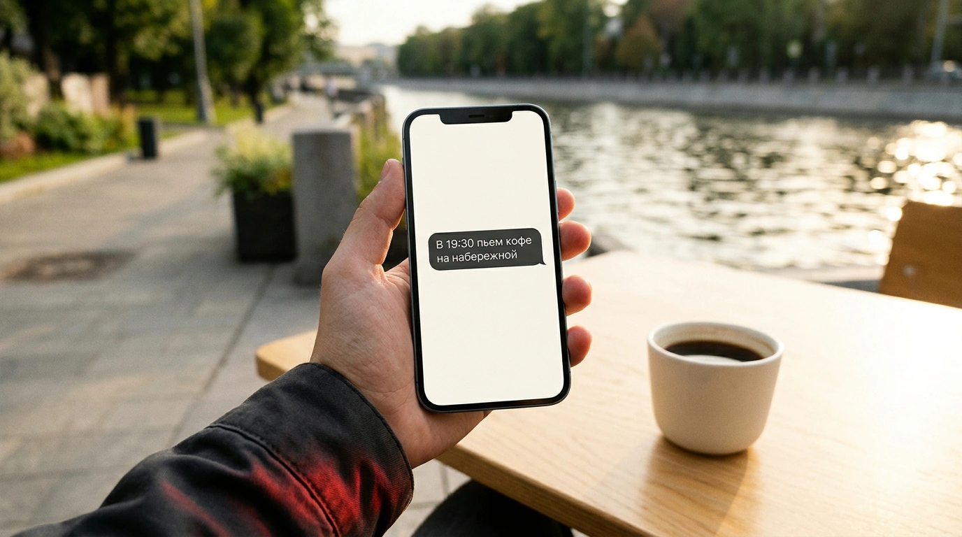 Рука парня держит смартфон с лаконичным приглашением на свидание на фоне солнечной городской набережной с чашкой фильтр-кофе.