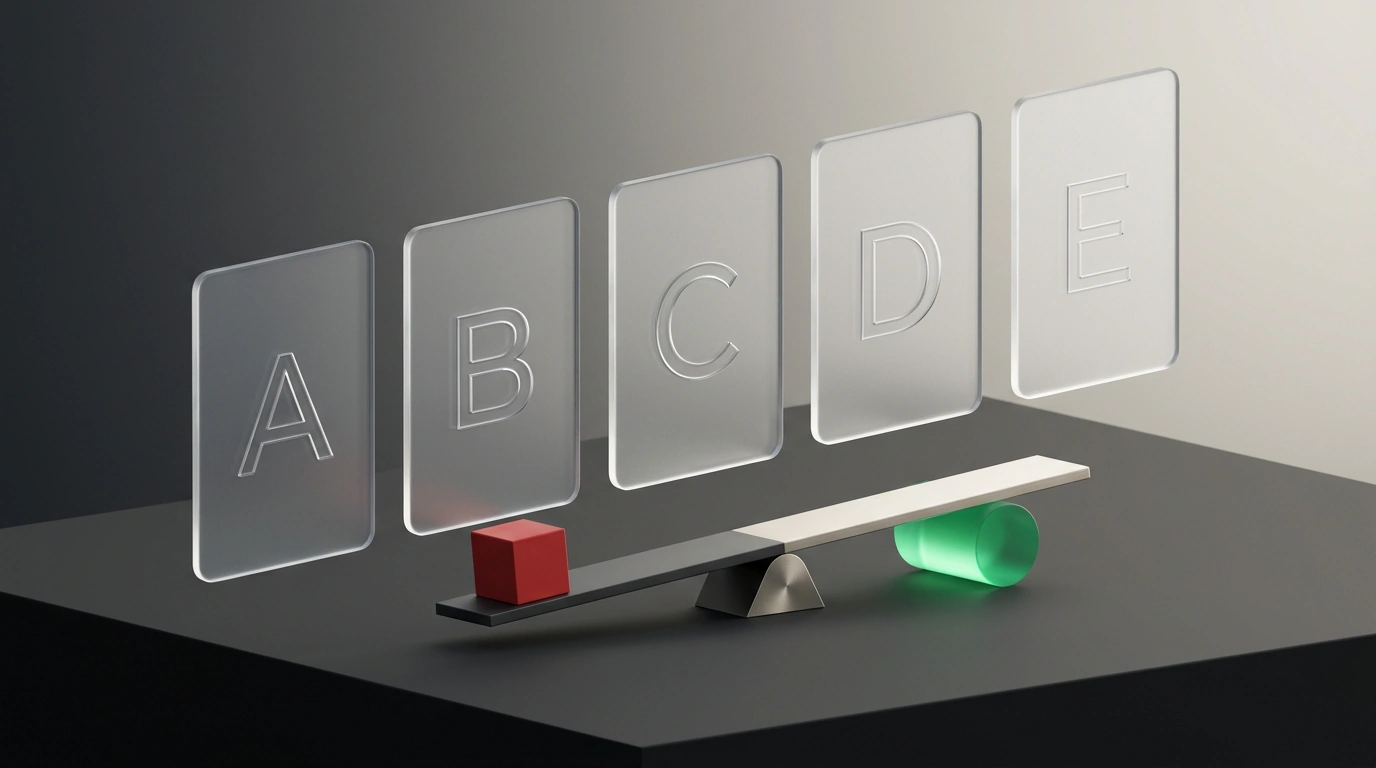 Концептуальная 3D-композиция с латинскими буквами ABCDE на полупрозрачных матовых стеклянных панелях, символизирующих когнитивный спор.
