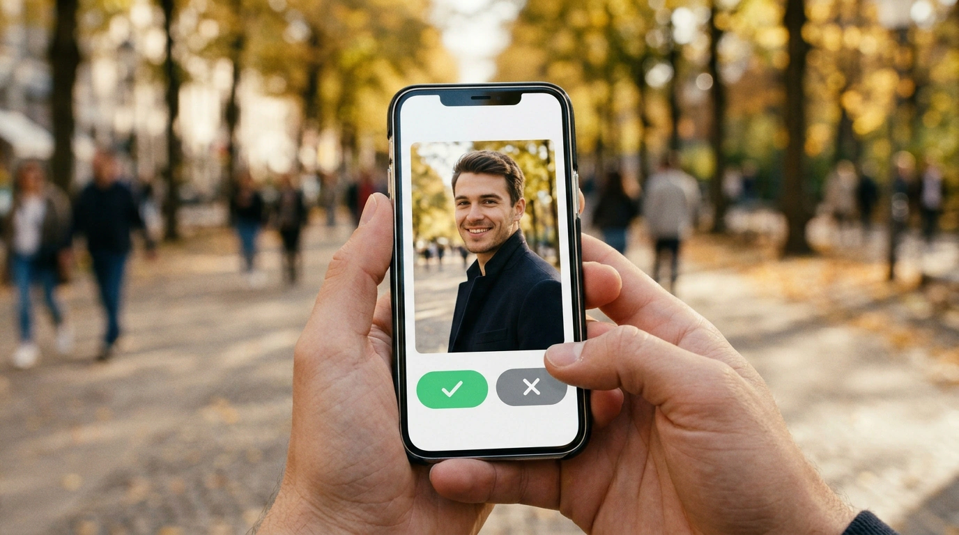 Кадр от первого лица, где молодой человек держит смартфон с качественной открытой анкетой знакомств на фоне солнечной городской улицы.