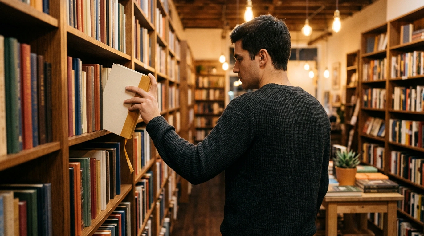Взгляд через плечо на молодого человека, который бережно выбирает одну книгу в подарок в уютном винтажном книжном магазине.