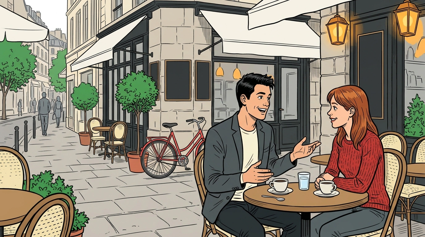 Европейская комикс-панель с уверенным парнем и девушкой у витрины кофейни во время непринуждённого разговора.