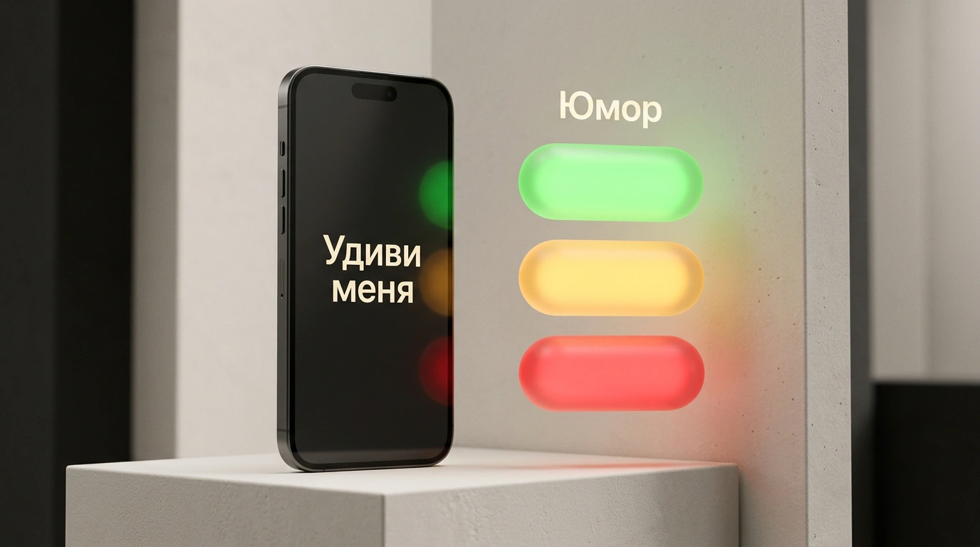 Современная концептуальная сцена со смартфоном на матовой подставке и тремя цветными зонами юмора
