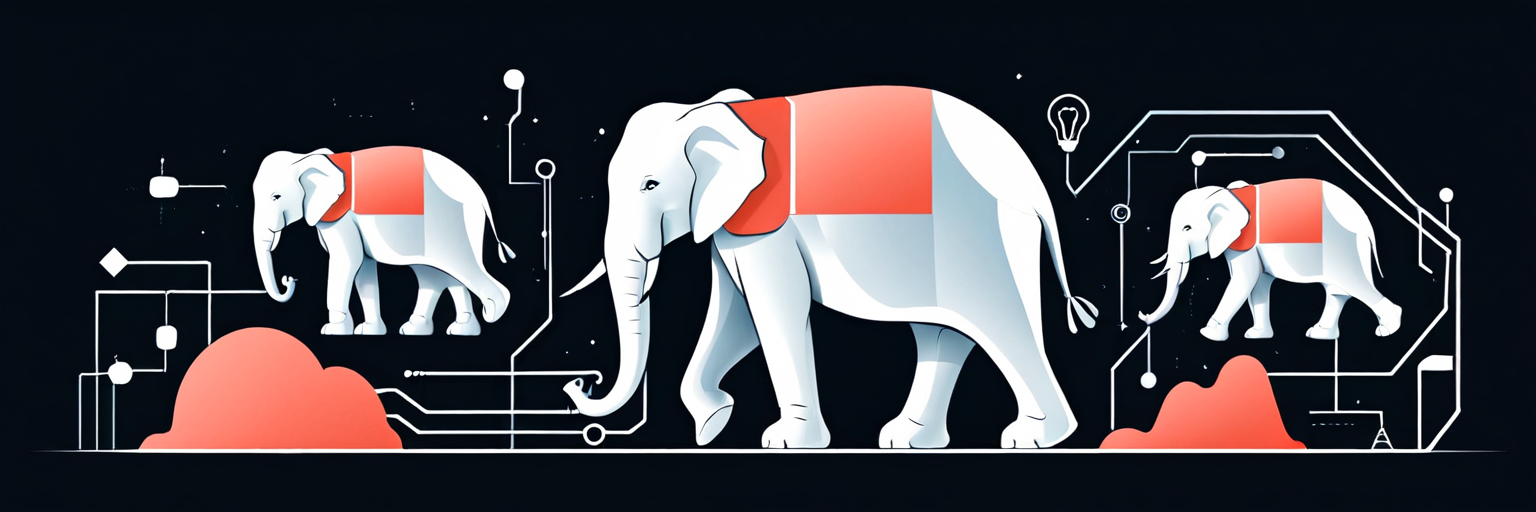 Слон, символ PostgreSQL, подсвеченный лазерными лучами оптимизации, рядом с открытыми вкладками с кодом SQL-запросов