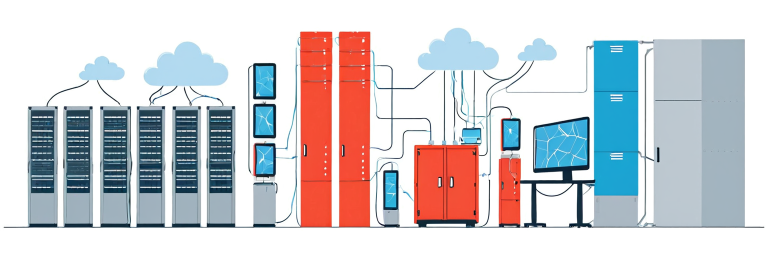 Стилизованная серверная стойка с микросервисами в контейнерах Kubernetes и индикаторами распределения процессорных ядер в пиксель-арт эстетике