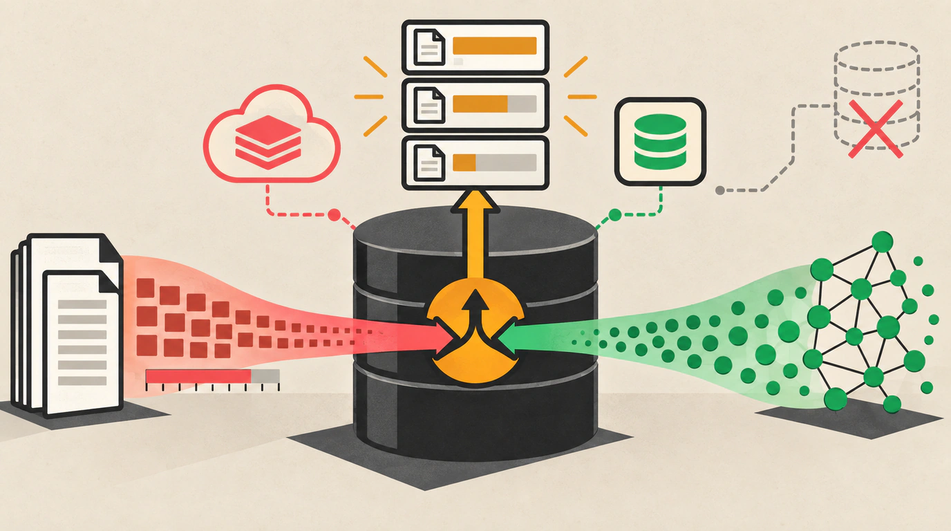 Схема гибридного поиска в PostgreSQL: поток документов BM25 и векторный поток объединяются в базе данных и формируют ранжированную выдачу.