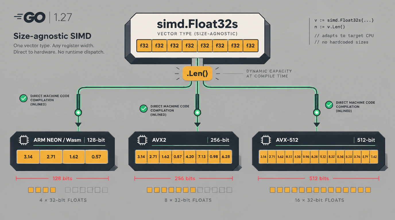 Архитектурная схема Size-Agnostic SIMD в Go 1.27 с адаптивным вектором simd.Float32s, масштабирующимся под регистры NEON, AVX2 и AVX-512.