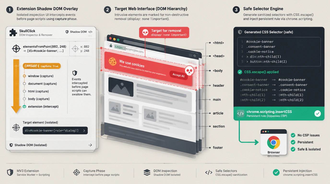 Иллюстрация архитектуры браузерного расширения SkullClick, перехватывающего события мыши на capture-фазе поверх оверлея в обход изоляции DOM.