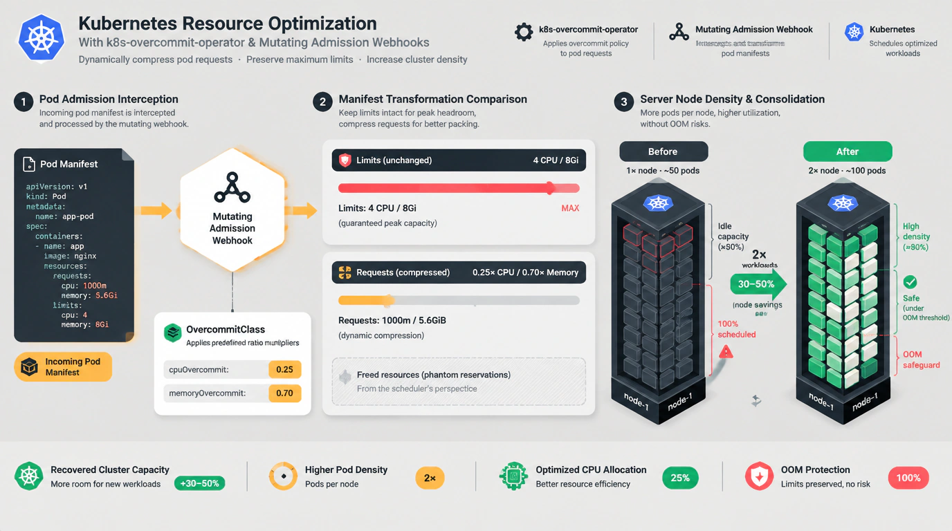 Инфографическая иллюстрация работы k8s-overcommit-operator, оптимизирующего запросы CPU и памяти подов в кластере Kubernetes через Admission Webhook.