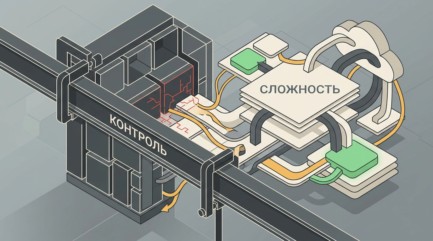 Концептуальная иллюстрация противостояния жесткого механистического каркаса контроля и адаптивной эмерджентной сети распределенной программной системы