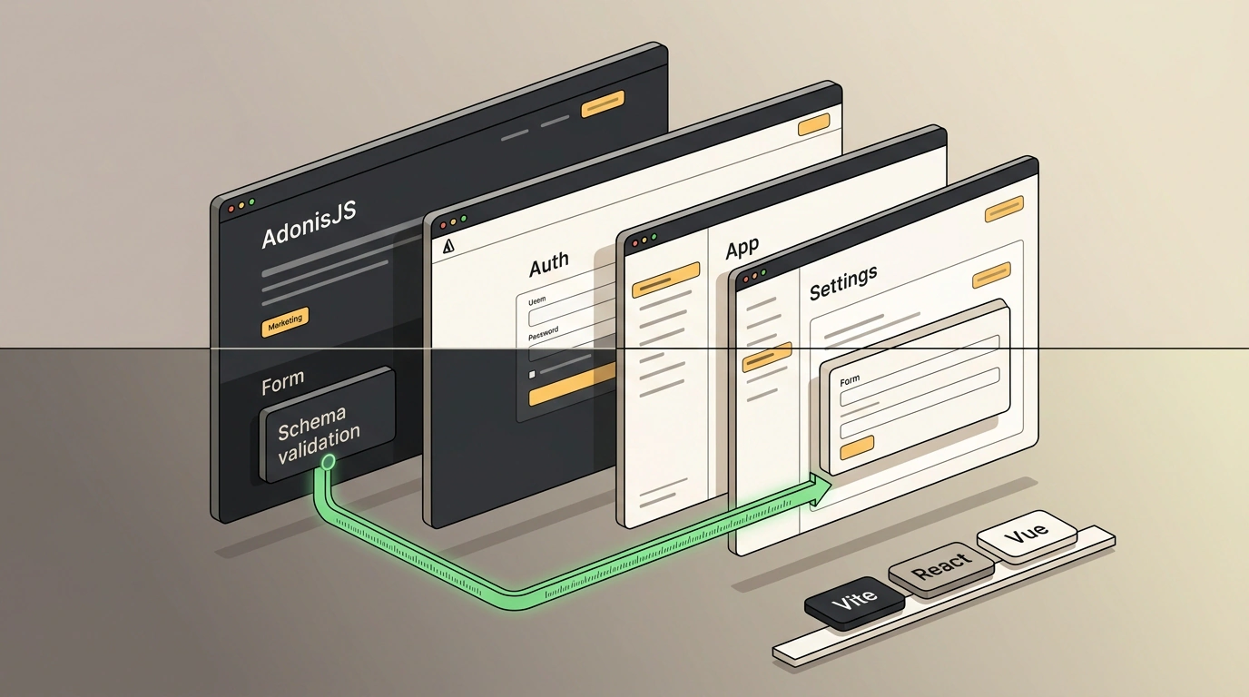 Архитектурная иллюстрация редизайна стартовых шаблонов AdonisJS с четырьмя независимыми макетами и строгой типизацией форм.