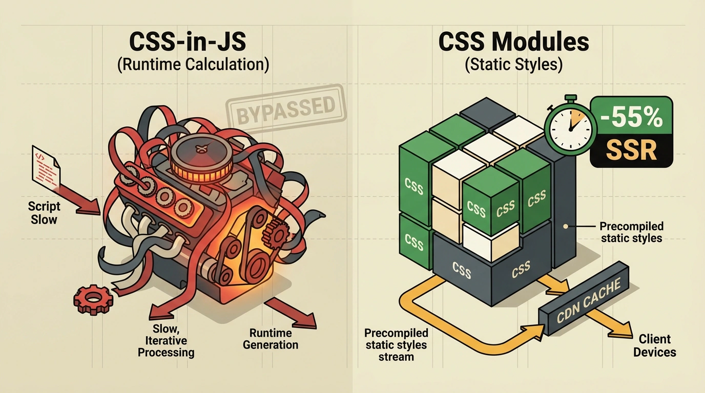 Концептуальная иллюстрация миграции GitHub: переход от динамического CSS-in-JS к чистым CSS Modules ускоряет серверный рендеринг.