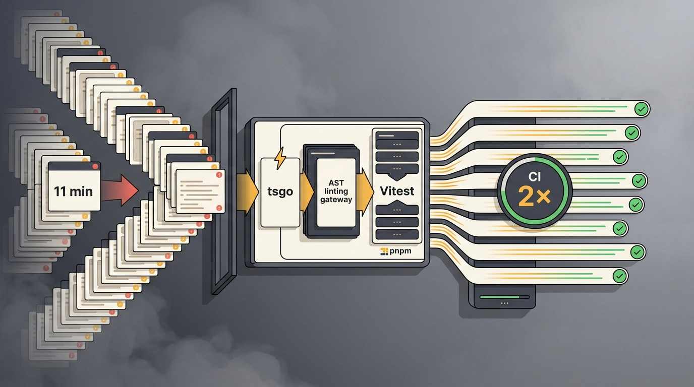 Концептуальная иллюстрация ускорения CI в Linear: параллельный поток сборки преодолевает лавину автотестов от AI-агентов.