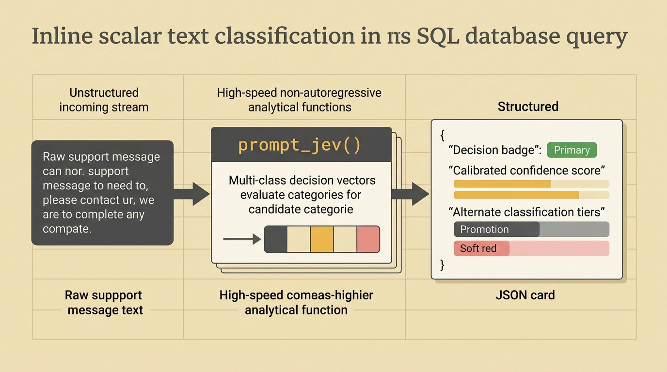 Редакционная иллюстрация: выполнение функции prompt_jev внутри SQL преобразует текст запроса в типизированную структуру классификации.