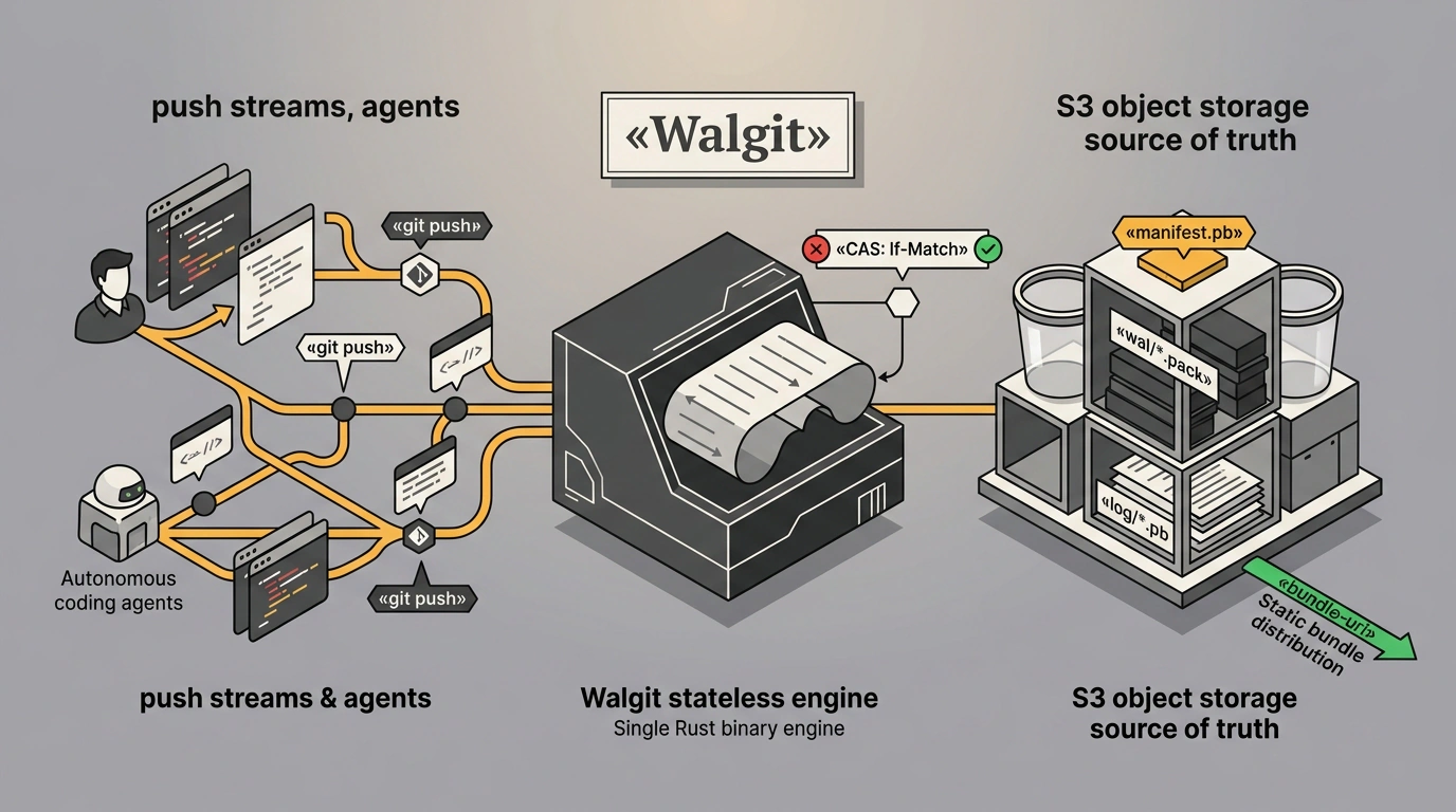 Редакционная иллюстрация бессерверного Git-хостинга Walgit: легковесный сервис на Rust координирует коммиты разработчиков и AI-агентов через журнал WAL и CAS-манифесты в объектном хранилище S3.