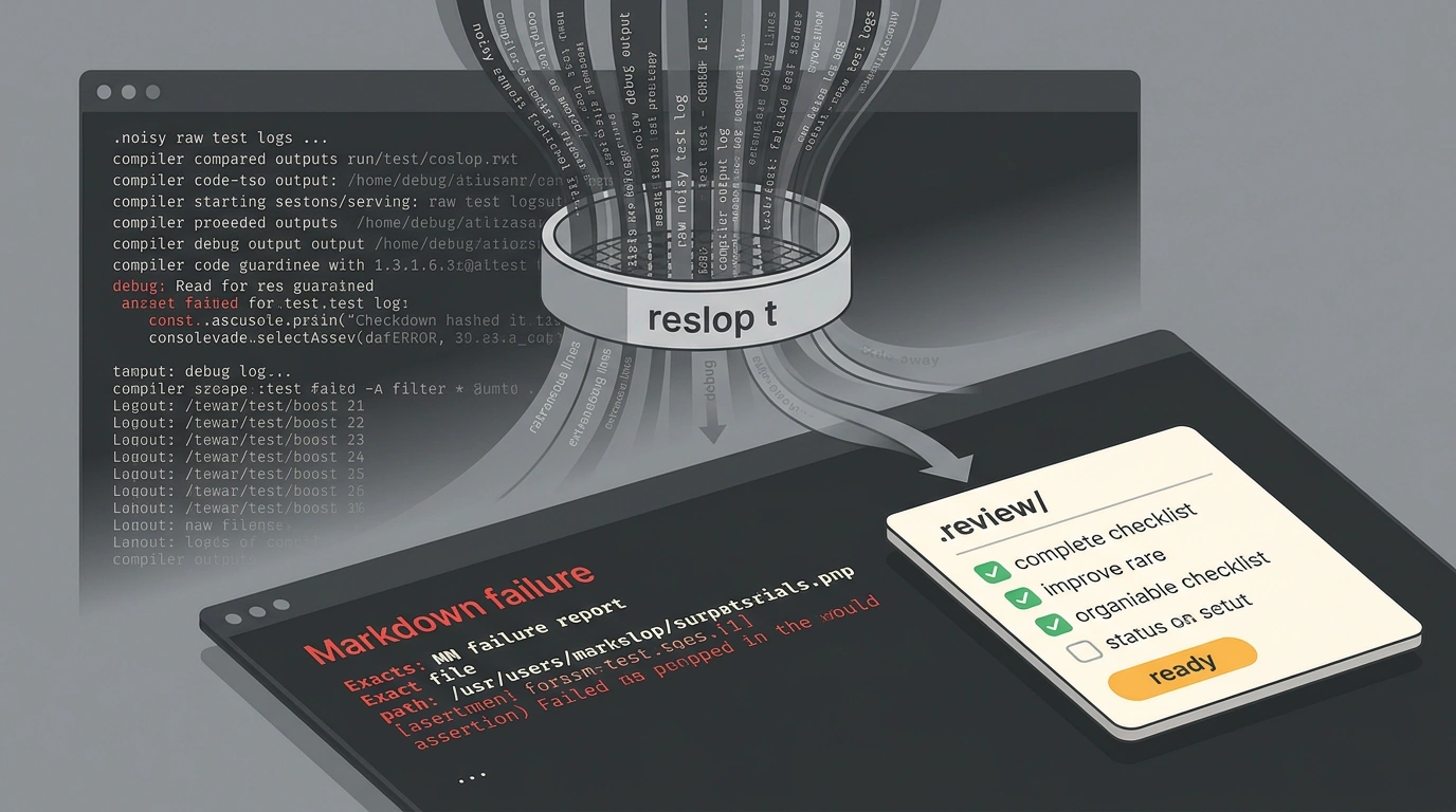 Интерактивный терминальный дашборд Reslop 0.2.6: фильтрация шума тестовых прогонов, сжатие отчетов в краткий Markdown и структурированный чеклист задач в каталоге review.
