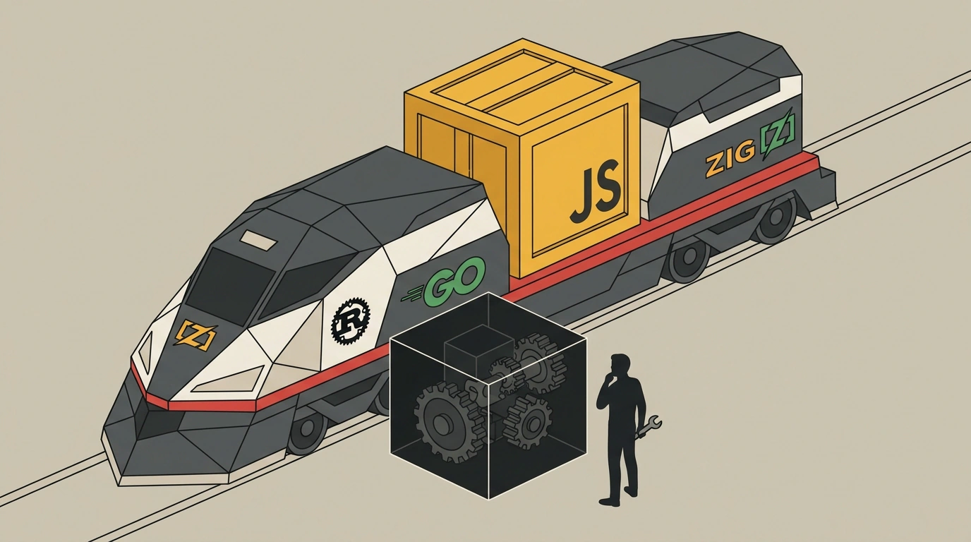 Метафора кризиса среднего возраста JavaScript: скоростной нативный локомотив на рельсах Rust, Go и Zig везет тяжелый контейнер с кодом JavaScript, создавая барьер сложности для разработчиков.