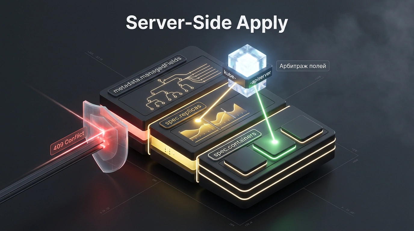 Иллюстрация концепции Server-Side Apply в Kubernetes: API-сервер распределяет права владения полями манифеста и блокирует конфликты между контроллерами.