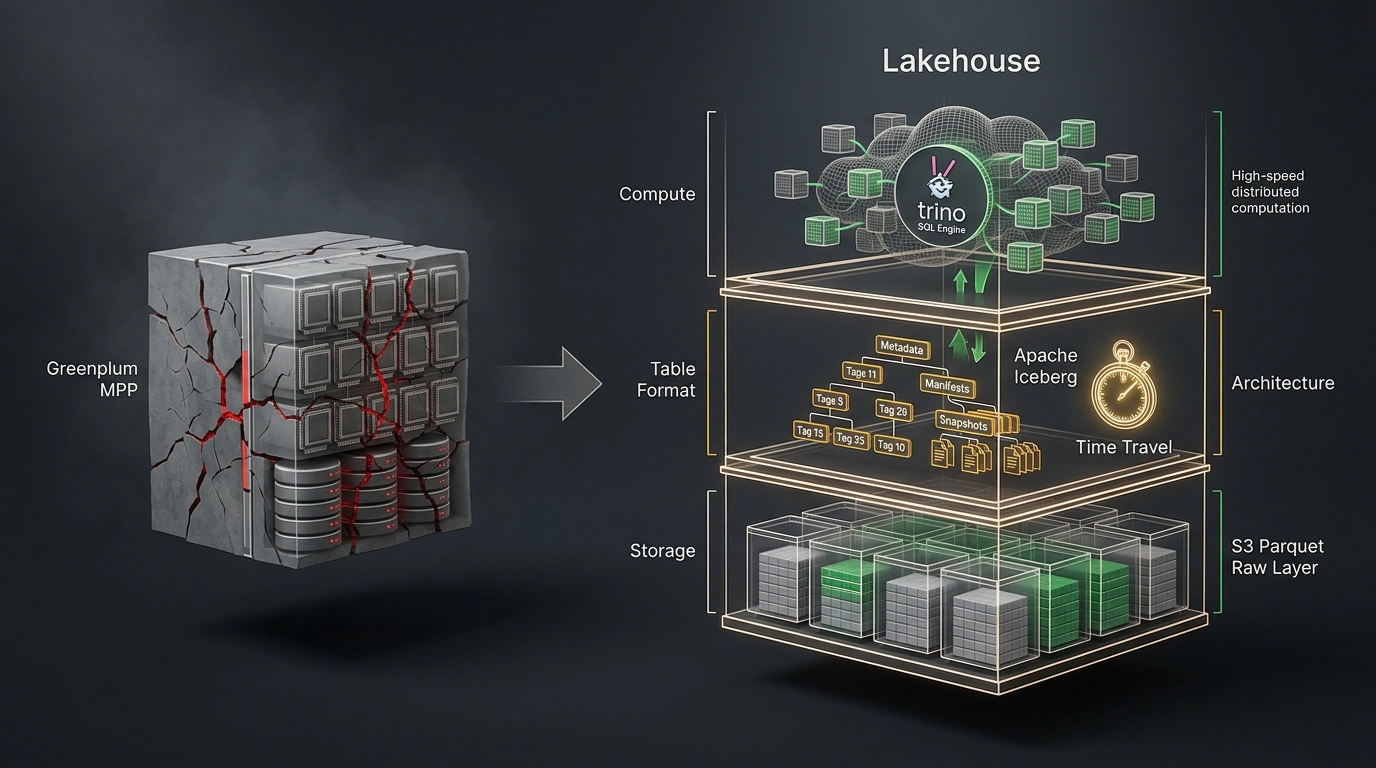Архитектурный переход КХД от монолитного Greenplum к трехуровневому Lakehouse на базе Trino, метаданных Apache Iceberg и объектного хранилища S3.