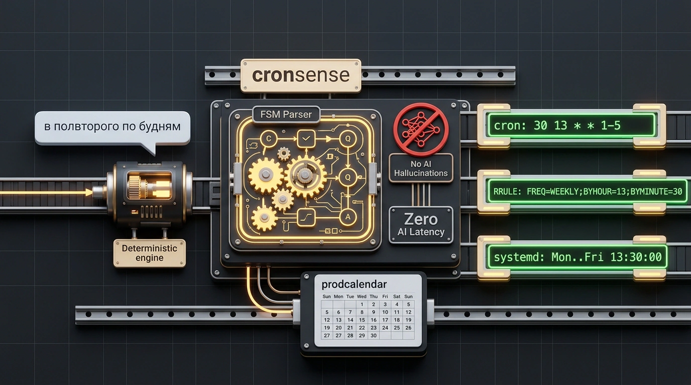 Архитектура детерминированного парсера cronsense: трансляция естественной разговорной речи в форматы cron, RRULE и systemd.timer.