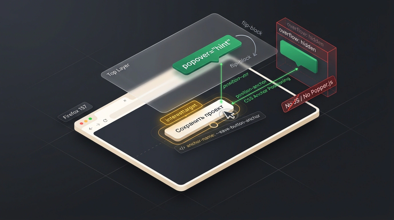 Нативная стилизация тултипов в Firefox 157: атрибут interesttarget, Top Layer и позиционирование CSS Anchor Positioning без JavaScript.