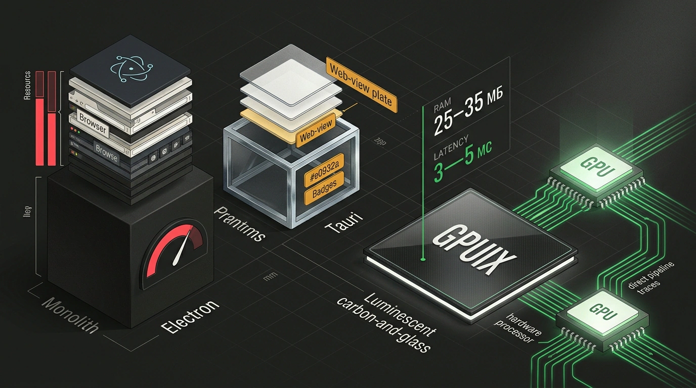 Сравнительная инфографическая диаграмма производительности GPUIX, Tauri и Electron с метриками памяти и задержки ввода.