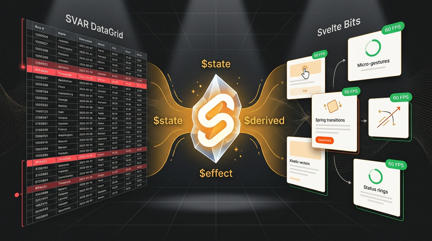 Инструменты для Svelte 5: виртуализированная таблица SVAR DataGrid и плавные анимированные примитивы Svelte Bits на рунах.