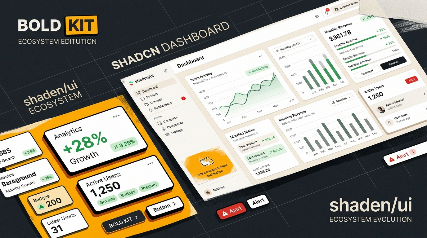 Экосистема shadcn/ui: дизайн-блоки boldkit в стиле необрутализма и готовый шаблон панели управления Shadcn Dashboard.