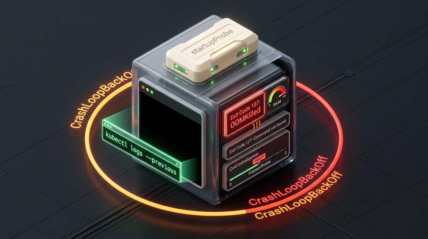 Диагностика падения пода Kubernetes в CrashLoopBackOff с чтением завершившегося контейнера через флаг previous и защитой старта.