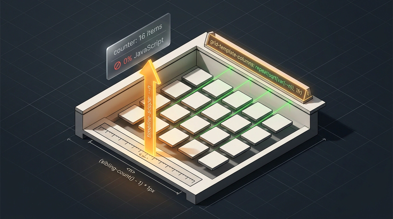 Передача счетчика дочерних элементов родителю в чистом CSS через Scroll-Driven Animations и расчет сетки функцией sqrt.