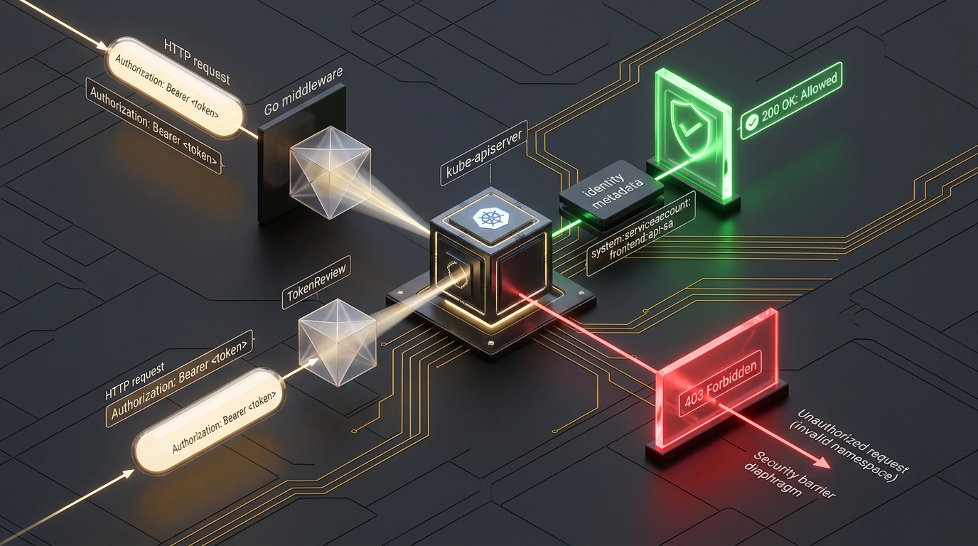 Схема валидации токена в Go-сервисе через отправку структуры TokenReview в kube-apiserver и авторизацию идентичности сервисного аккаунта.
