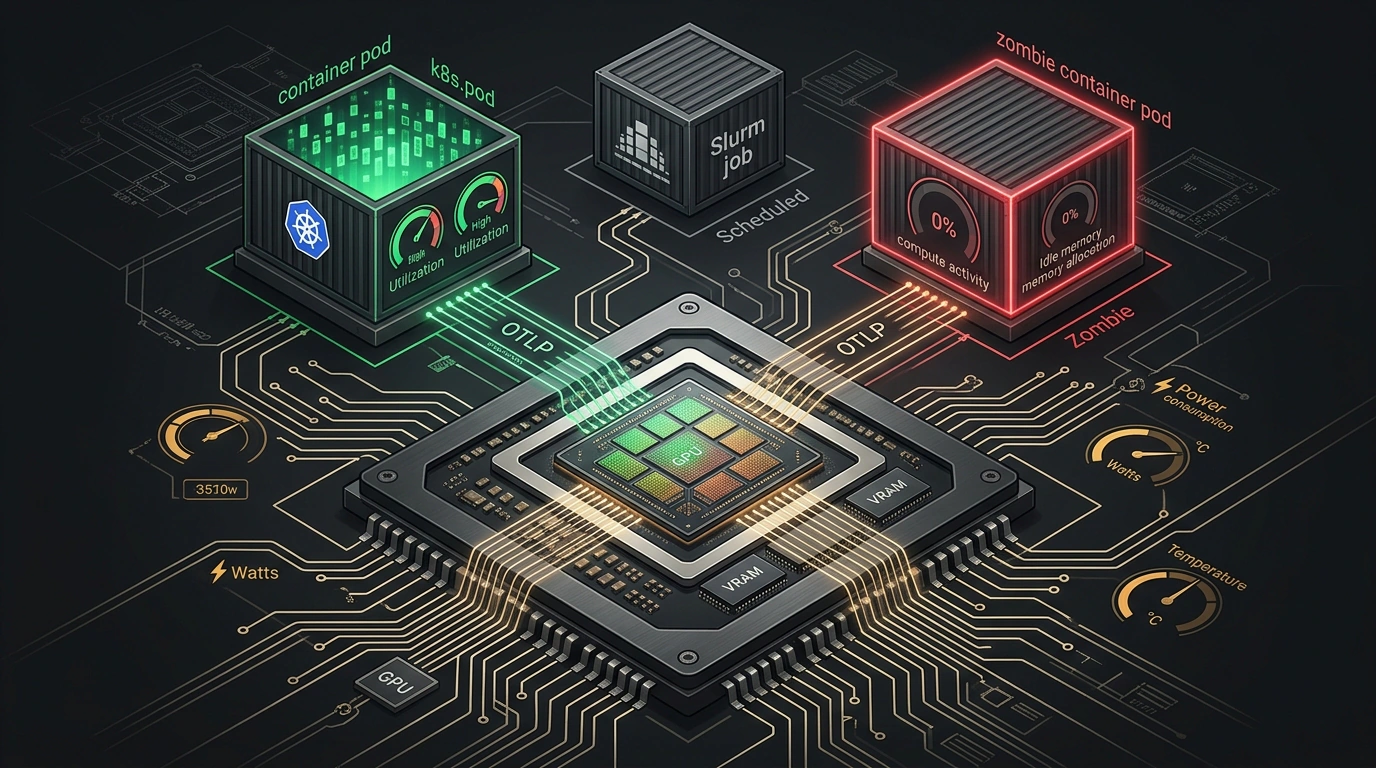 Инженерная иллюстрация агента l9gpu, связывающего аппаратные метрики видеокарт с подами Kubernetes через телеметрию OTLP.
