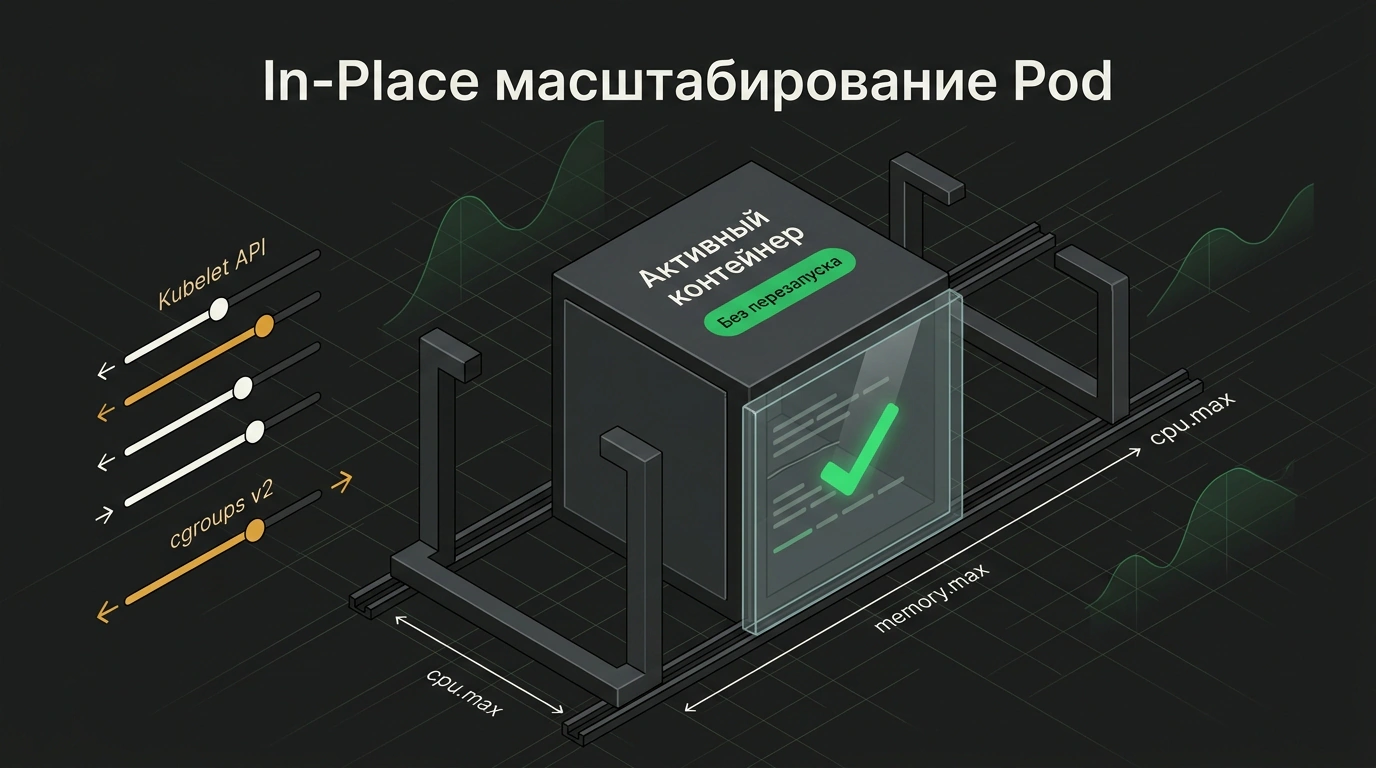 Схема работы механизма In-Place Pod Resizing в Kubernetes с динамическим расширением лимитов cgroups без рестарта контейнера.