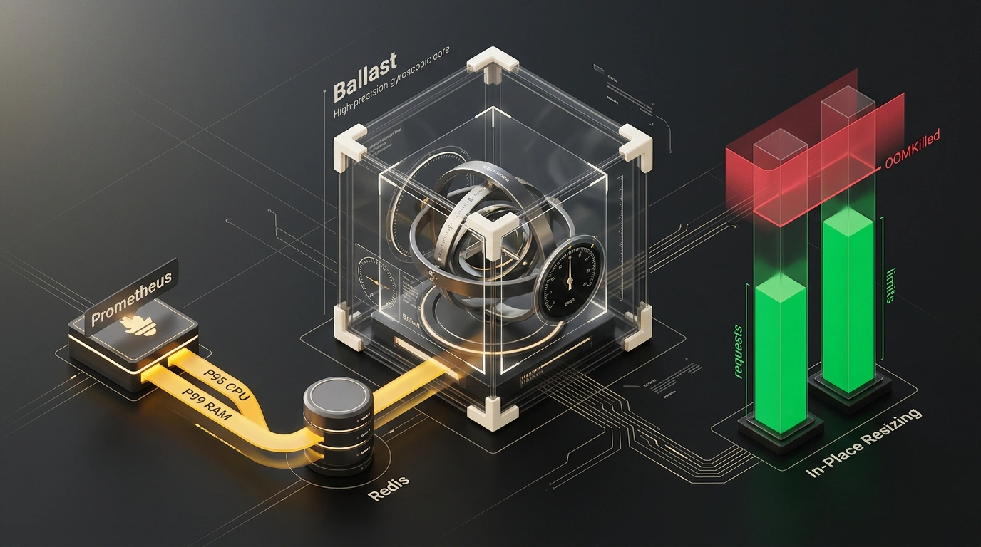 Обложка статьи об операторе Ballast для динамической калибровки лимитов Kubernetes без перезапуска подов по метрикам Prometheus.