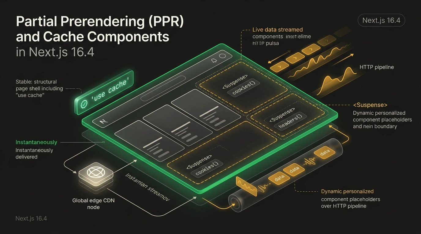 Схема архитектуры Partial Prerendering в Next.js 16.4 с мгновенной отдачей статического каркаса из CDN и параллельным стримингом через Suspense.
