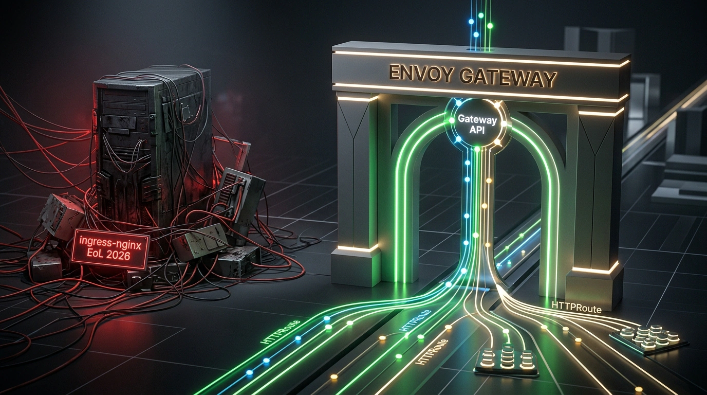 Концептуальная иллюстрация миграции с устаревающего ingress-nginx на Envoy Gateway с единым разделяемым шлюзом и структурированными маршрутами HTTPRoute.