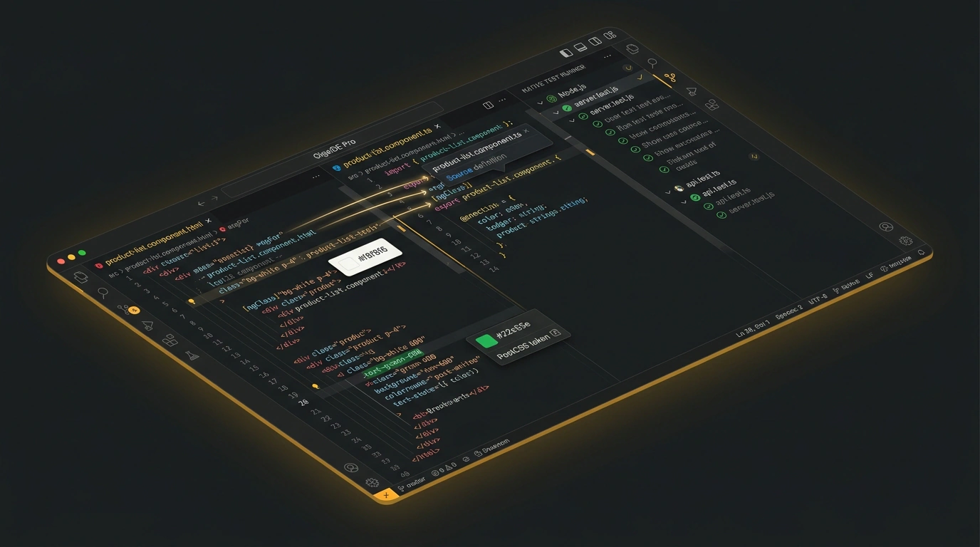 Интерфейс среды разработки GigaIDE Pro с поддержкой Tailwind CSS, директив Angular и раннеров тестов