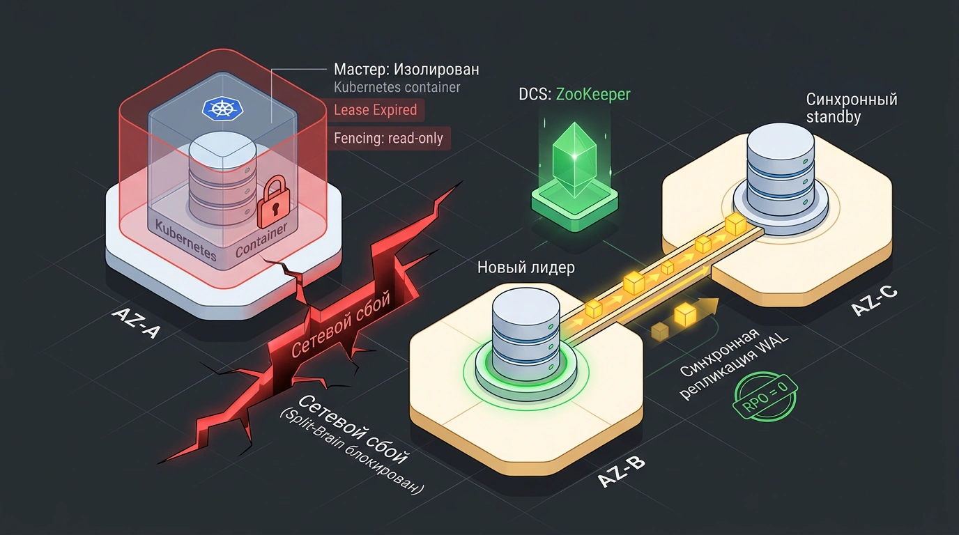 Изометрическая архитектурная иллюстрация отказоустойчивого кластера PostgreSQL в Kubernetes с изолированным сбойным мастером и защищенным синхронным кворумом Patroni.