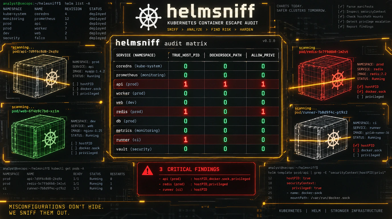 Консольный экран утилиты helmsniff с матрицей бинарных проверок безопасности Kubernetes-манифестов и подсвеченными критическими векторами атак.