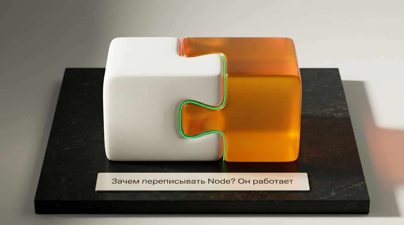 Минималистичный концептуальный натюрморт встречи двух модульных платформ Deno и Cloudflare Workers с эмблематичной надписью Hacker News на графитовом фоне.