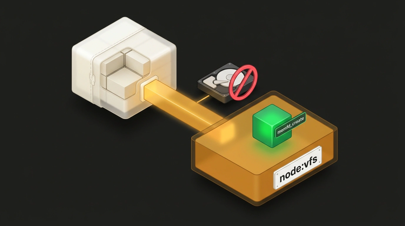 Изометрическая взрыв-схема монолитного ZIP-архива Single Executable Application в Node.js 26 с модулем node:vfs и загрузкой C++ аддона через memfd_create без дисковой распаковки.